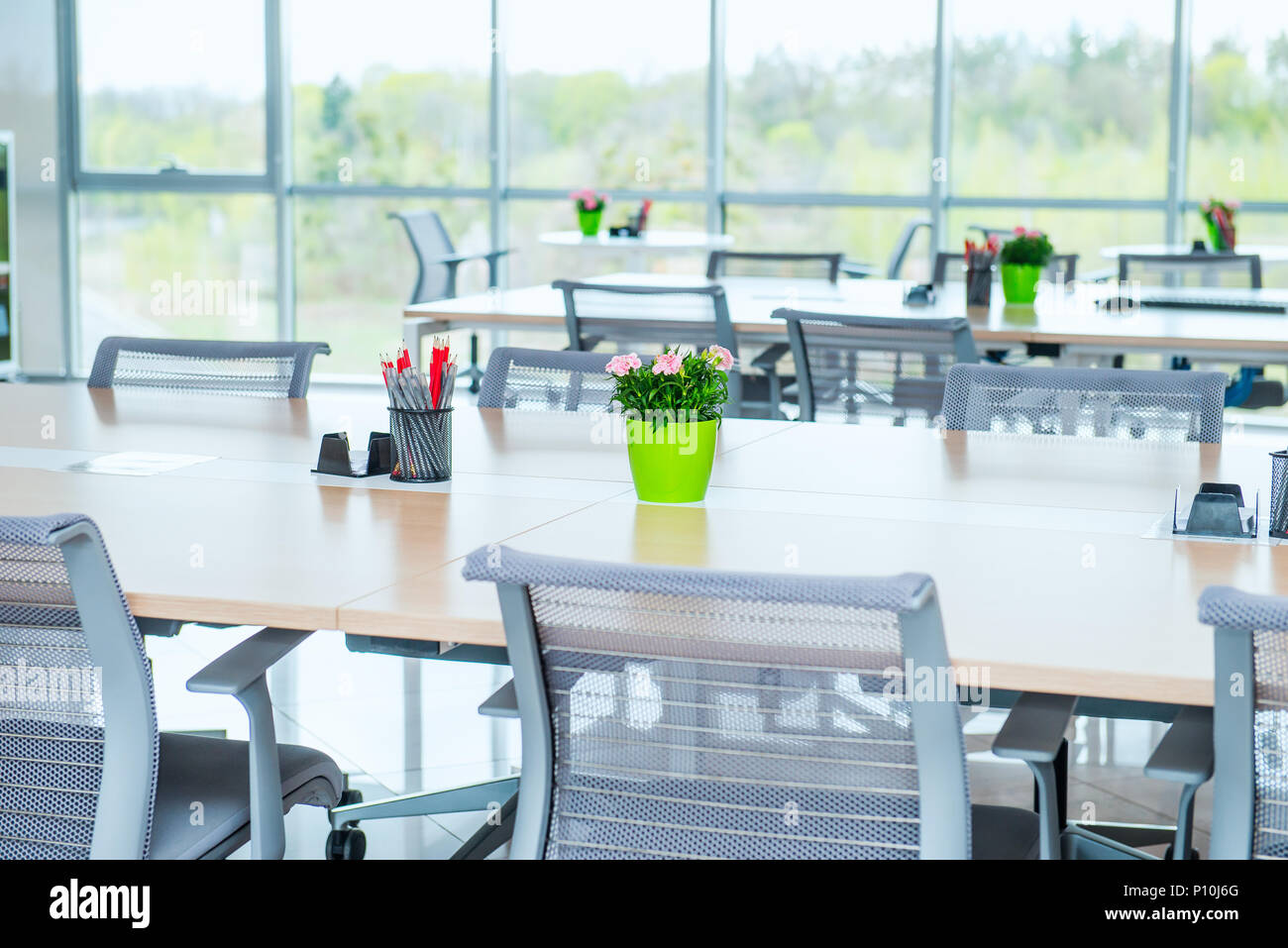 Interior of modern light empty open space office with big windows