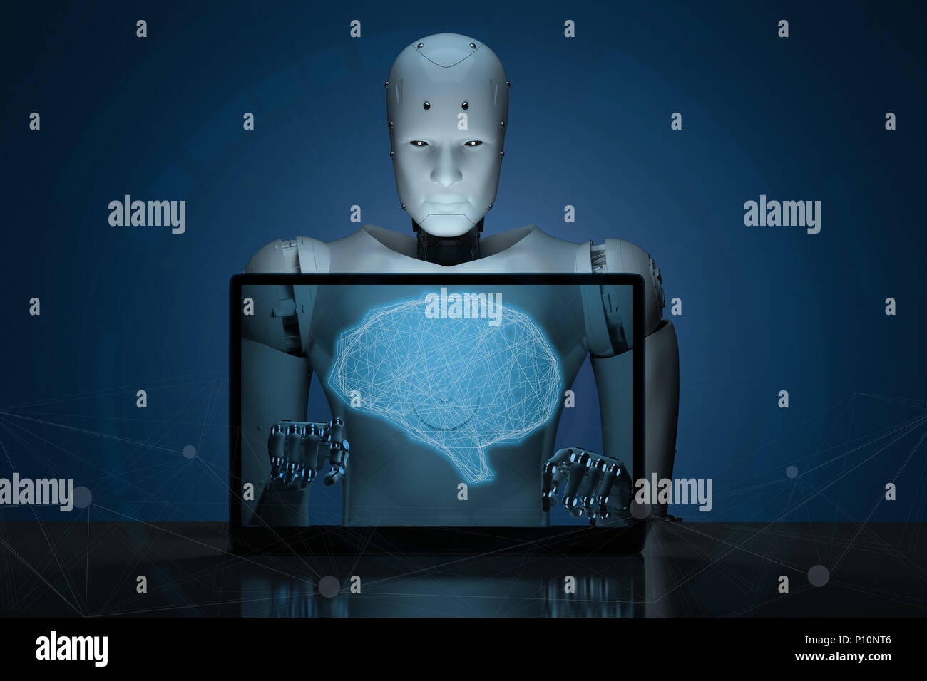 3d rendering robot working on computer notebook with ai brain Stock ...