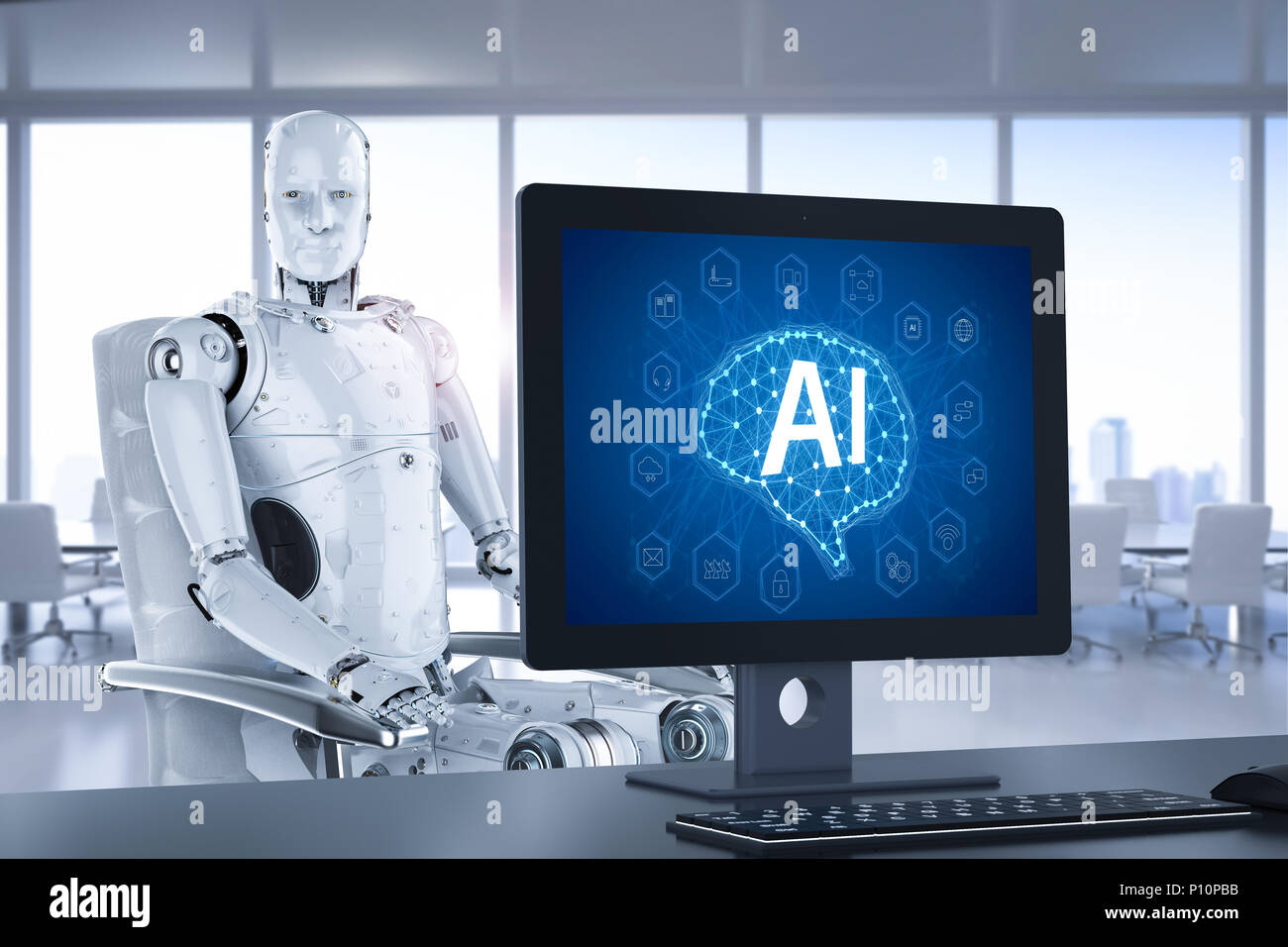 3d rendering computer control ai robot technology in office Stock Photo