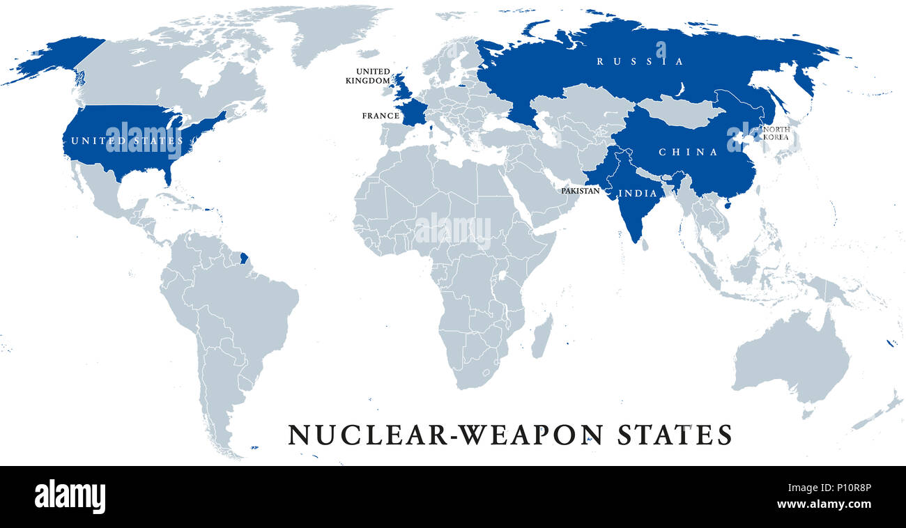 Nuclear-weapon states, political map. Eight sovereign states that have successfully detonated nuclear weapons, shown in blue color. English labeling. Stock Photo
