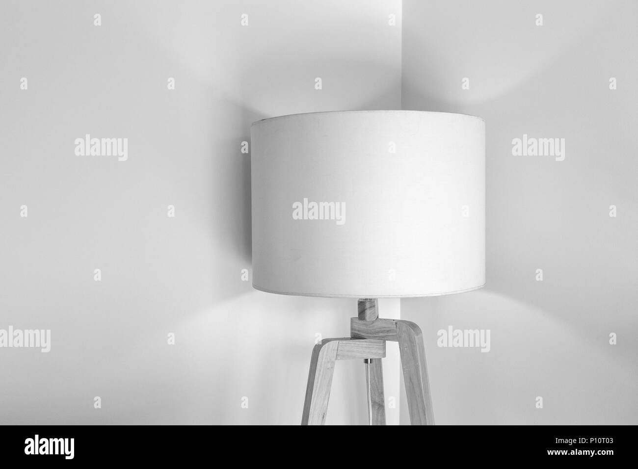 Modern floor lamp in a corner in black and white with copy space Stock Photo