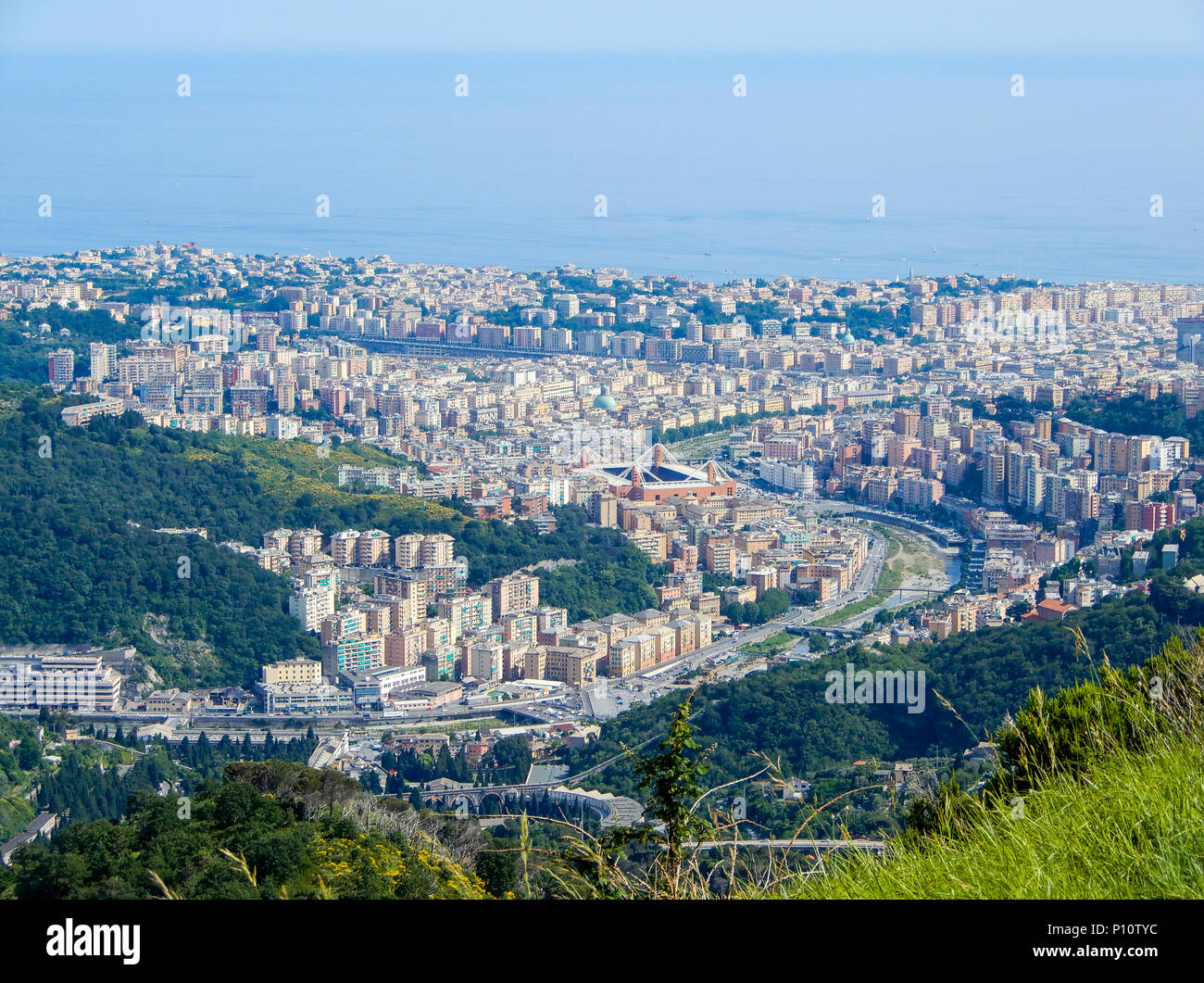 Aerial view of east side and over of the city of Genoa (Genova), Italy. Stock Photo