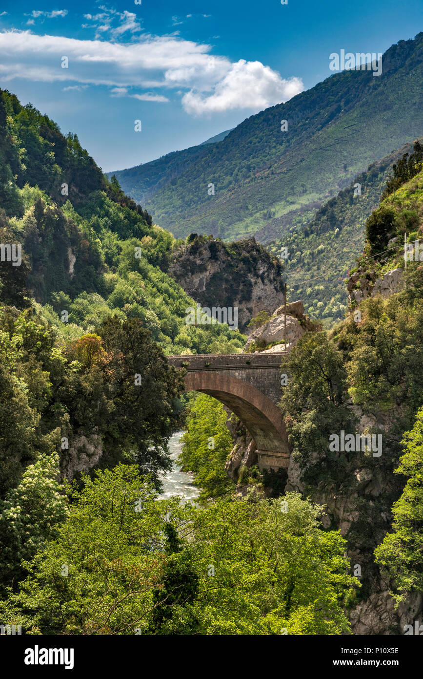 Old bridge in Lao River Gorge, near town of Papasidero, Orsomarso Massif, Pollino National Park, Calabria, Italy Stock Photo