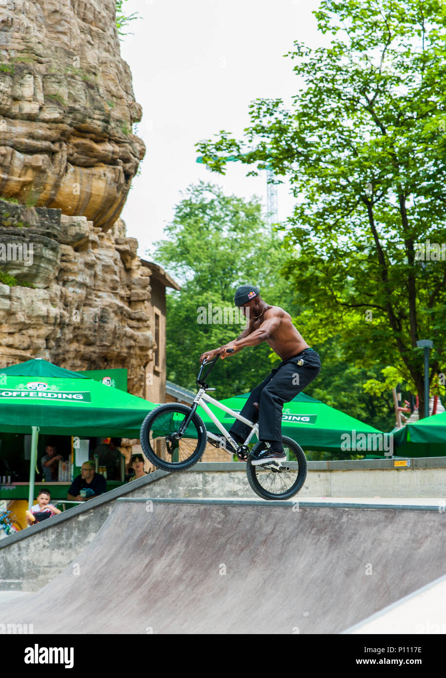 Bicycle acrobatics during RedBull 3in1 BMX competition, Luxembourg City, Luxembourg Stock Photo