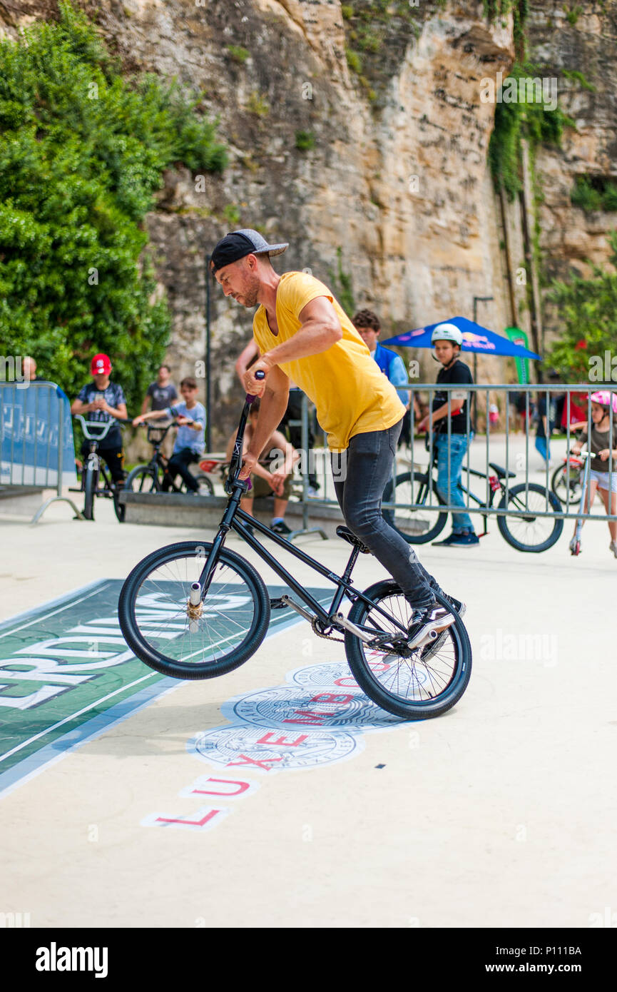 Bicycle acrobatics during RedBull 3in1 BMX competition, Luxembourg City, Luxembourg Stock Photo