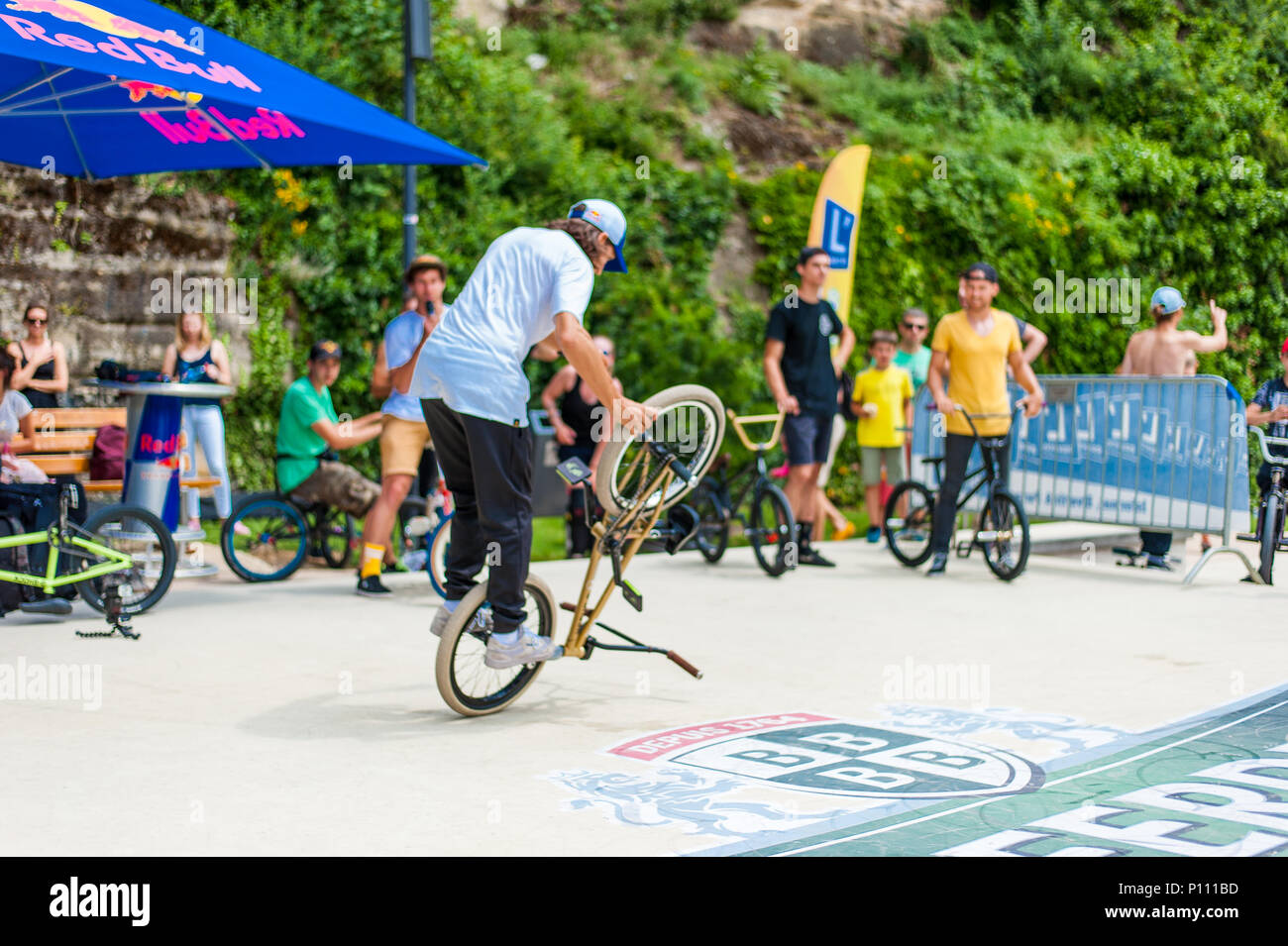 Bicycle acrobatics during RedBull 3in1 BMX competition, Luxembourg City, Luxembourg Stock Photo