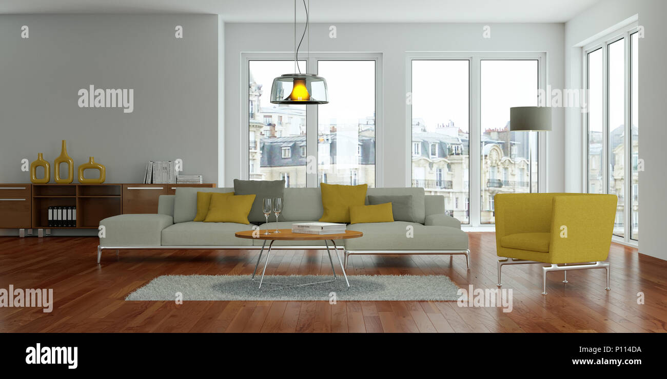 modern yellow living room interior design Stock Photo - Alamy