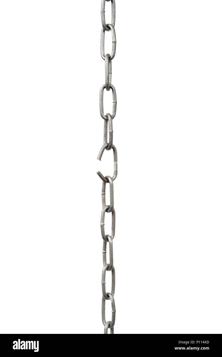 Broken chain with weakest link isolated on white background Stock Photo