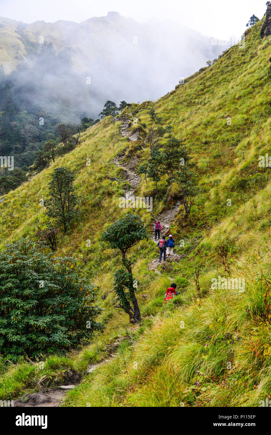 Young travelers with backpack walking on trail of Annapurna Circuit