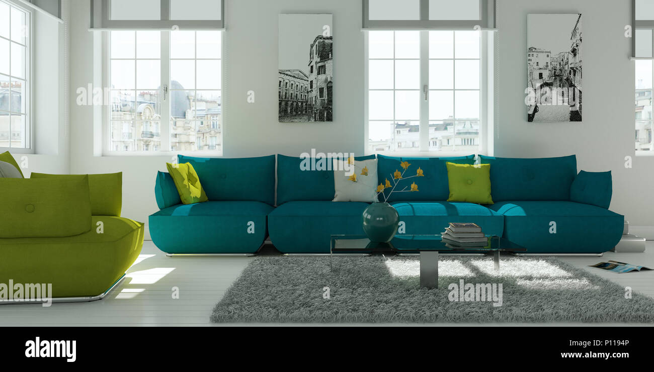 modern white living room interior design with green sofa Stock Photo ...