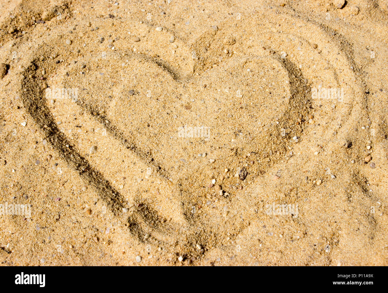 In the sunshine is heart in the sand. Concept of love. Stock Photo