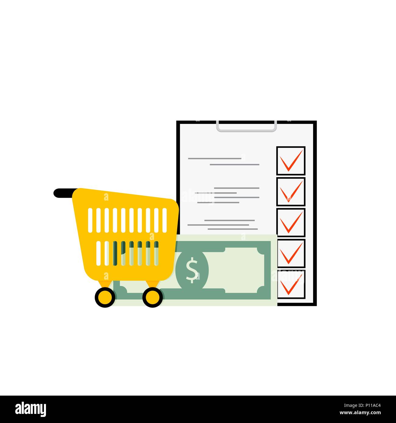 Grocery list concept. Vector product and purchase, checklist sheet approve and cart for food illustration Stock Vector