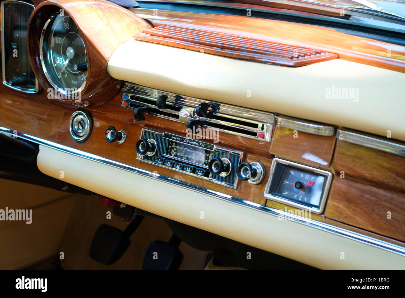 Berlin, Germany - june 09, 2018: Dashboard, radio and interior of beautiful vintage car cockpit at Classic Days, a Oldtimer  event for vintage cars an Stock Photo