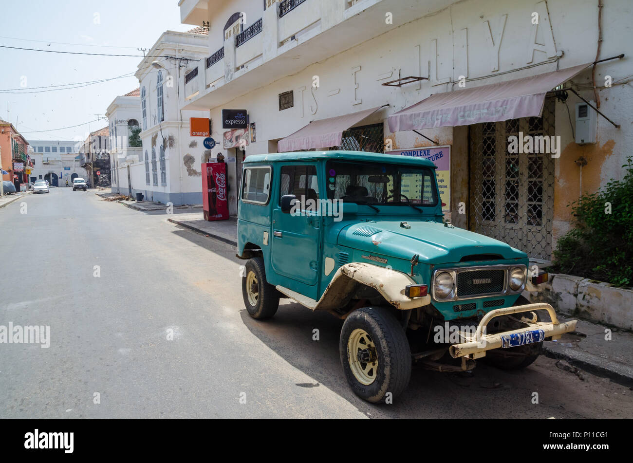 Classic Toyota Land Cruiser 40 series offroad vehicle in street of Saint-Louis Stock Photo