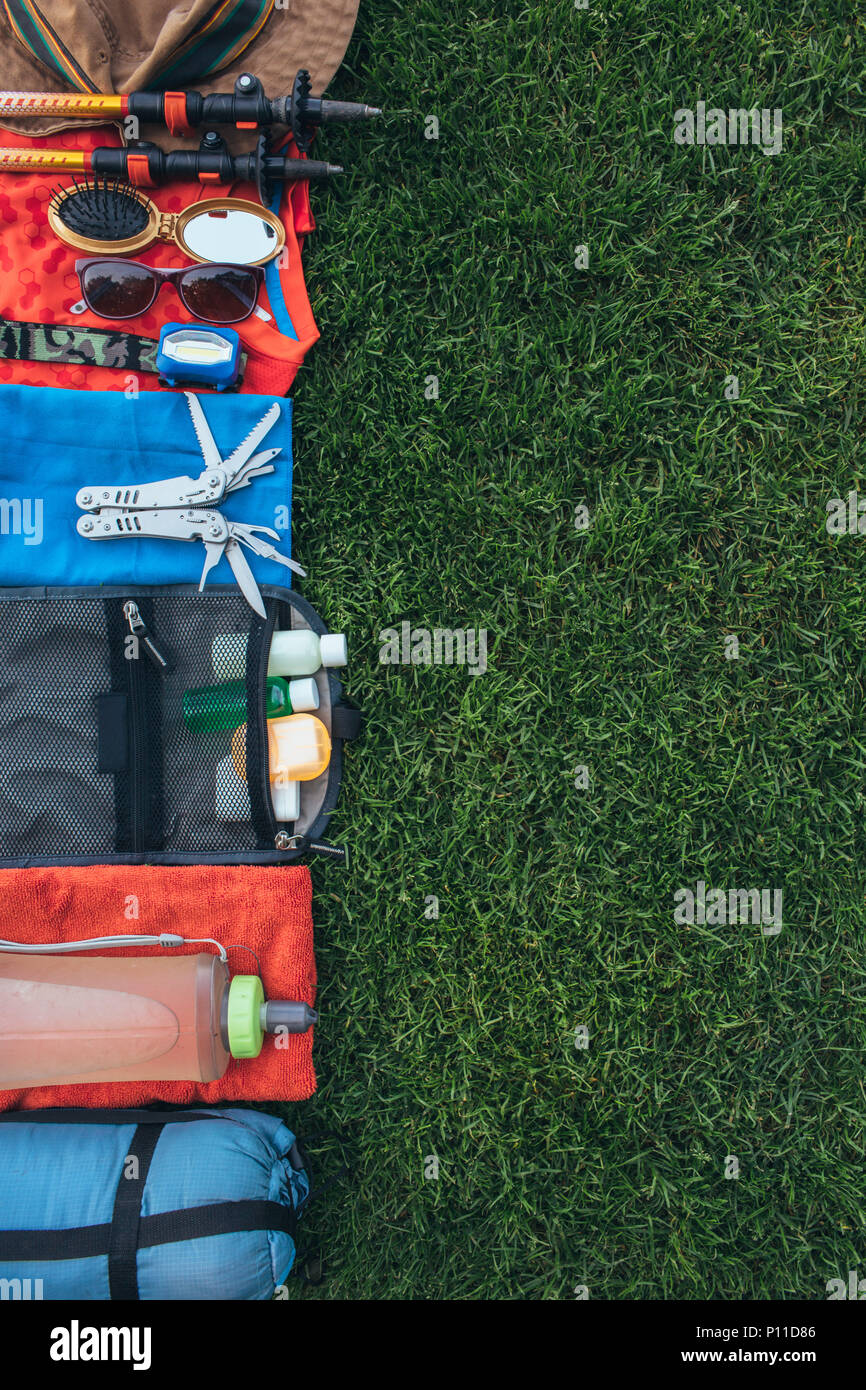 Set equipment for hiking and travel, top view, flat lay Stock Photo