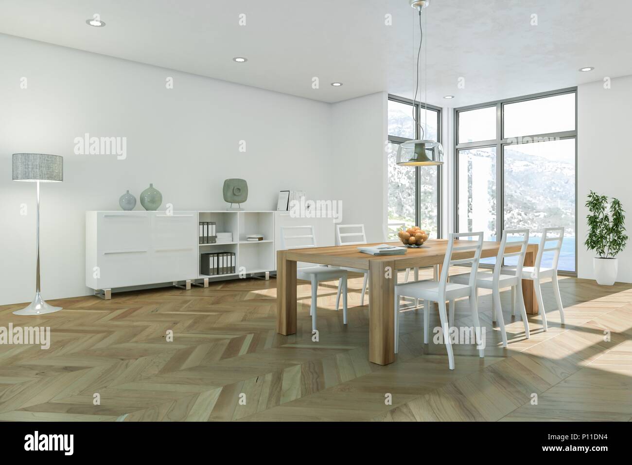 modern bright dining room skandinavian interior design Stock Photo - Alamy