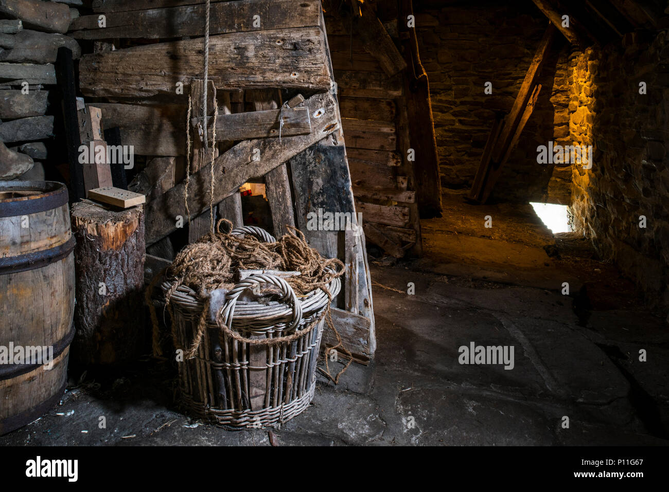 Interior of byre at the Croft House Museum / Crofthouse Museum, restored 19th century cottage at Boddam, Dunrossness, Shetland Islands, Scotland, UK Stock Photo