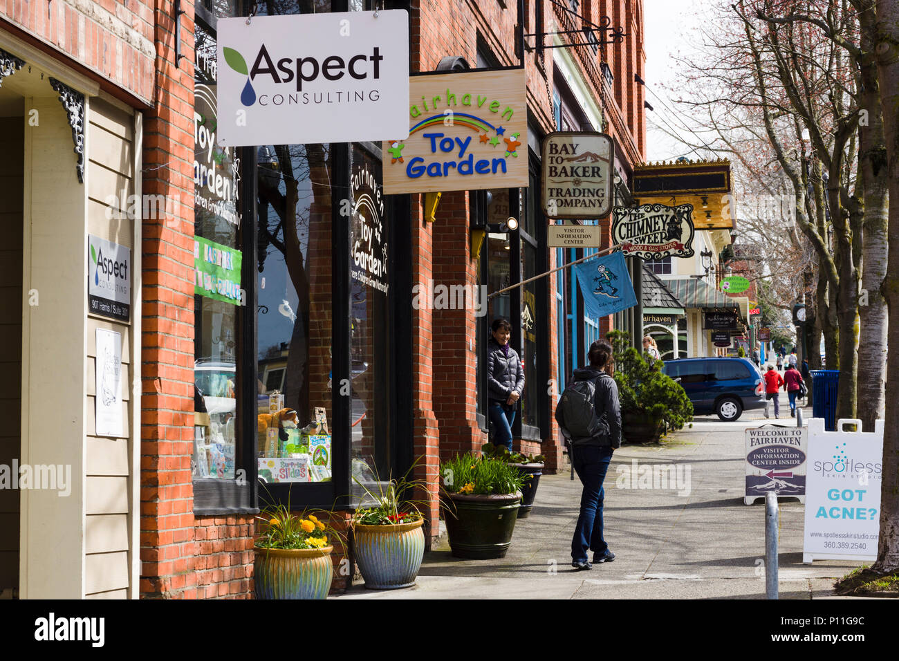 Shops along Harris Avenue, Historic Fairhaven District, Bellingham, Washington, USA Stock Photo