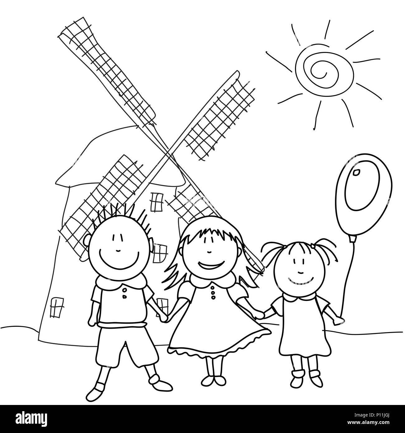 Happy kids and wind mill Stock Vector