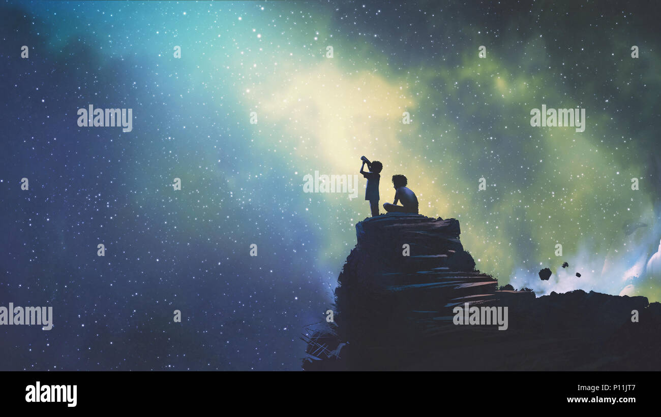 night scene of two brothers outdoors, llittle boy looking through a telescope at stars in the sky, digital art style, illustration painting Stock Photo