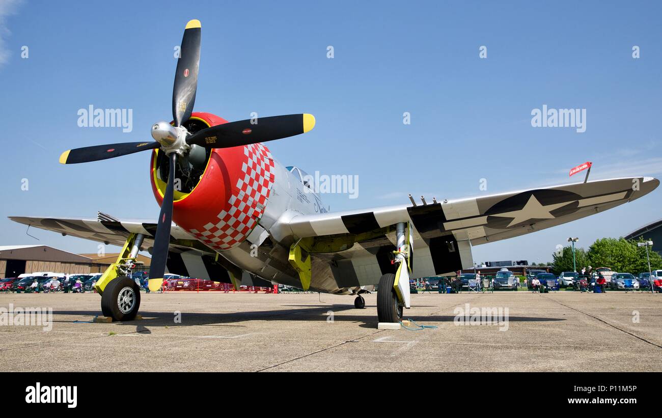 Republic P-47D Thunderbolt (G-THUN) an American World War II fighter-bomber on the flightline at Duxford Air Festival on 27 May 2018 Stock Photo