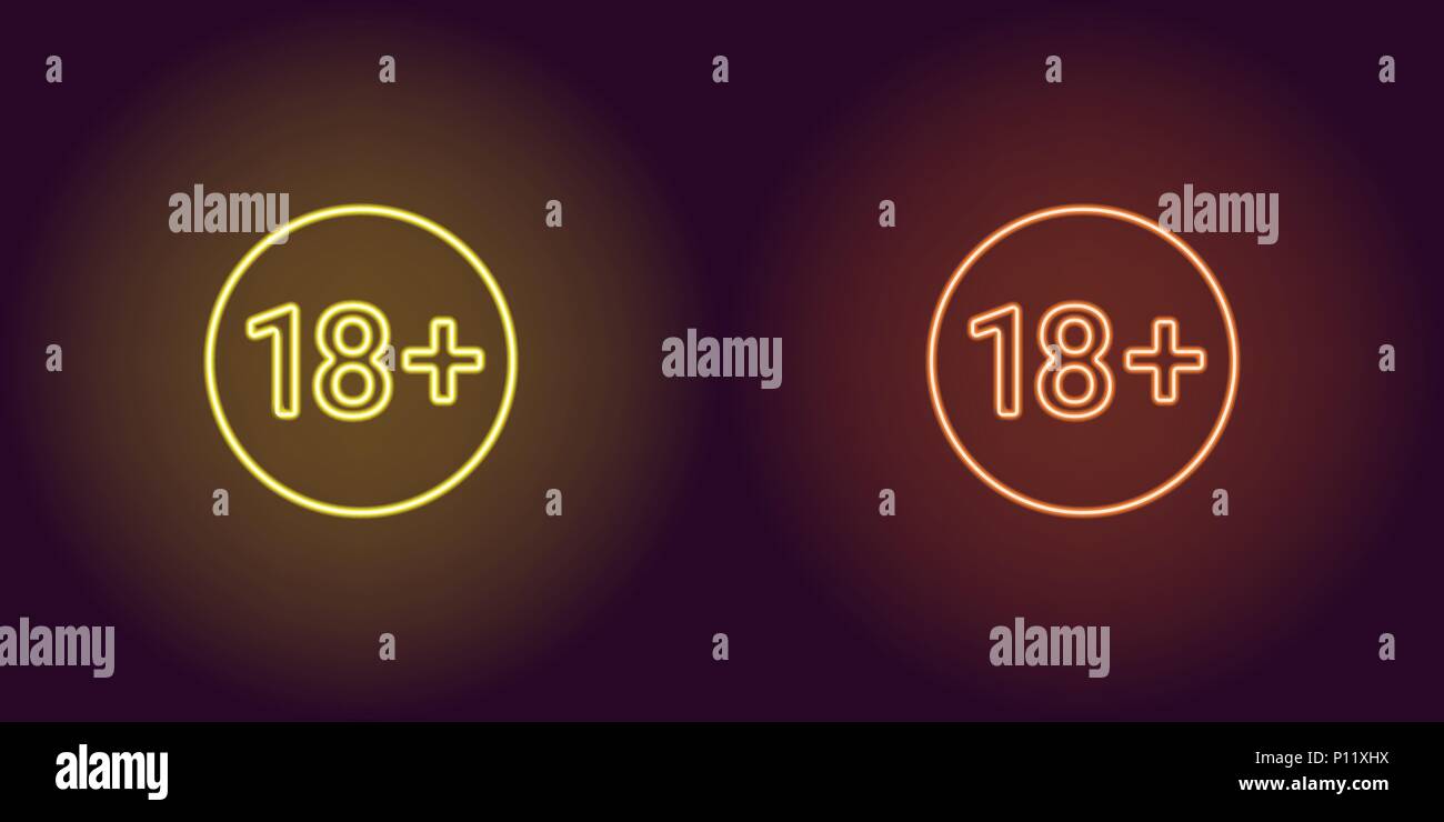 Neon icon of Age limit for Under 18. Yellow and orange vector sign of Restriction for Persons Under 18 years old consisting of neon outlines, with bac Stock Vector