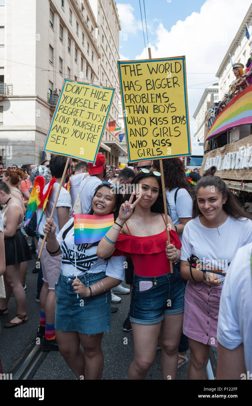 Rome, Italy. 09th June, 2018. Thousands of people took part in the Gay Pride 2018 in Rome on June 9th, marching through some streets of the city from Piazza della Repubblica to Piazza Madonna di Loreto. Present LGTB associations, political figures including the vice mayor of Rome Luca Bergamo, presidents of some Municipalities, the president of the Lazio Region Luca Zingaretti and his deputy Massimiliano Smeriglio, the secretary of CGIL Susanna Camusso. Credit: Leo Claudio De Petris/Pacific Press/Alamy Live News Stock Photo