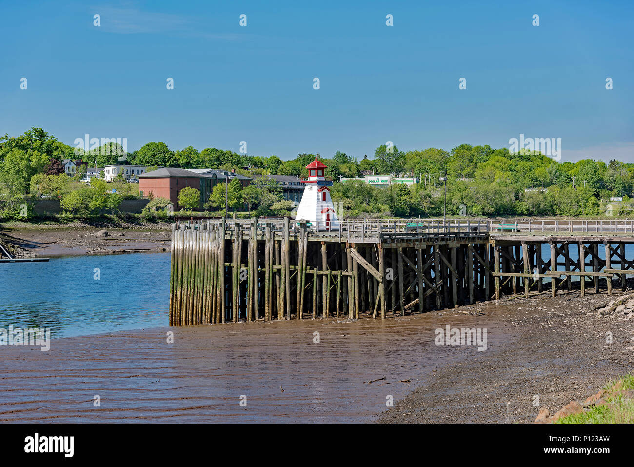 St. Stephan Lighthouse on pier on the St. Croix River directly across from Calais, Maine. Stock Photo