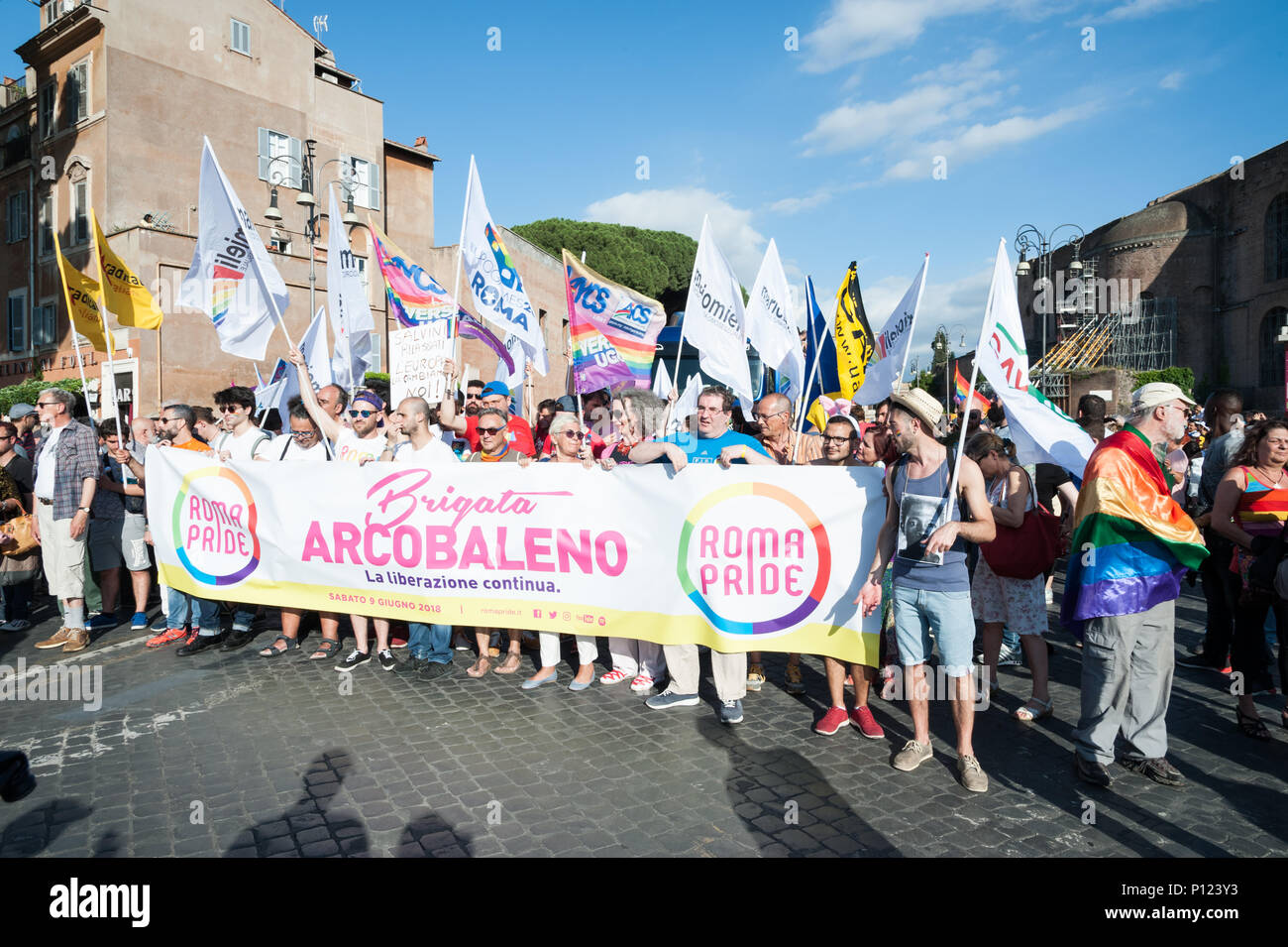 Rome, Italy. 09th June, 2018. Thousands of people took part in the Gay Pride 2018 in Rome on June 9th, marching through some streets of the city from Piazza della Repubblica to Piazza Madonna di Loreto. Present LGTB associations, political figures including the vice mayor of Rome Luca Bergamo, presidents of some Municipalities, the president of the Lazio Region Luca Zingaretti and his deputy Massimiliano Smeriglio, the secretary of CGIL Susanna Camusso. Credit: Leo Claudio De Petris/Pacific Press/Alamy Live News Stock Photo