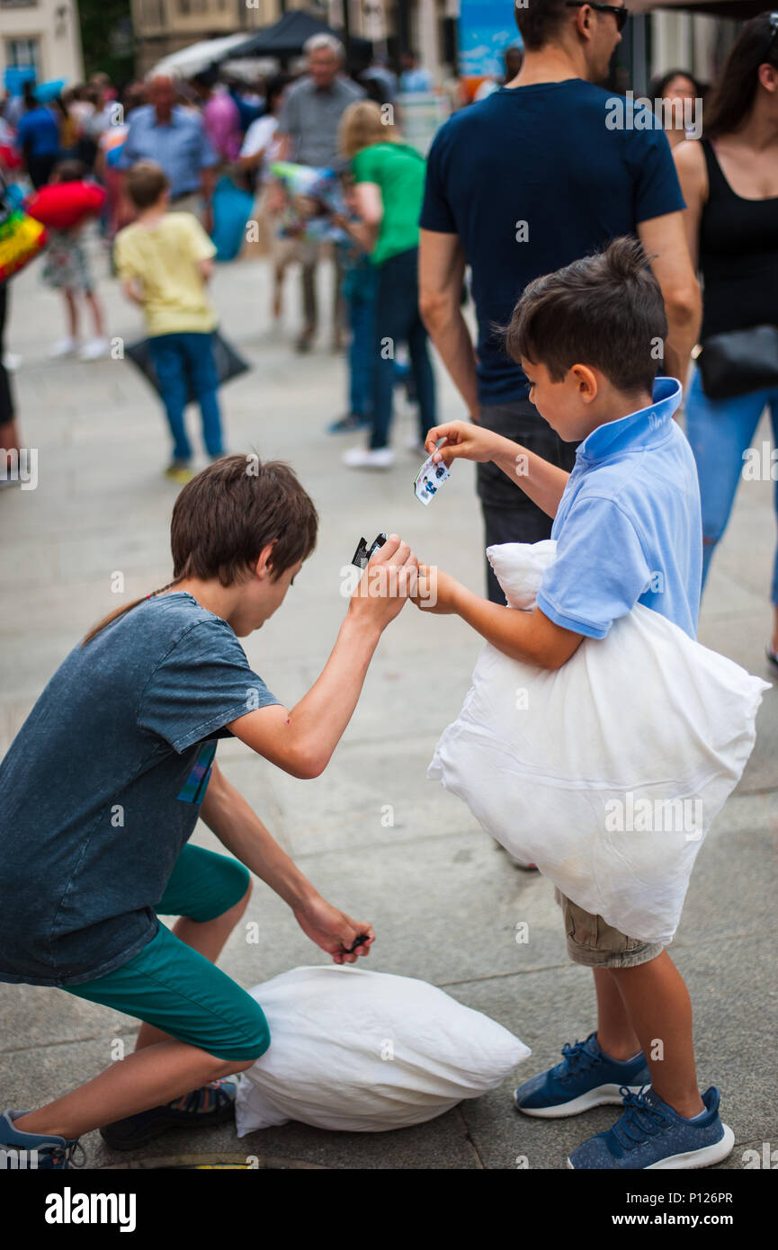 Public pillow fight for fighting against Parkinson disease, Luxembourg City, Luxembourg Stock Photo