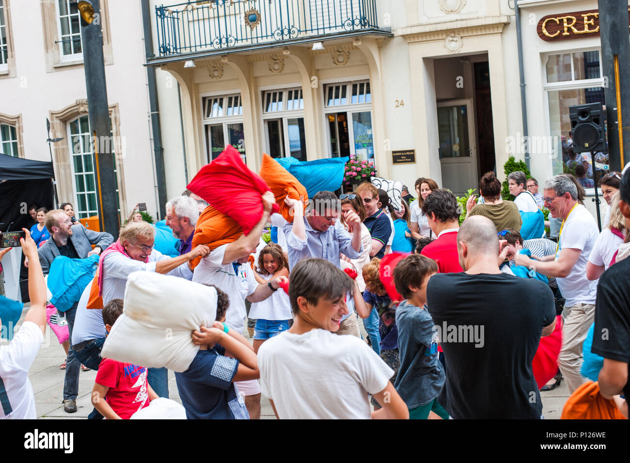 Public pillow fight for fighting against Parkinson disease, Luxembourg City, Luxembourg Stock Photo