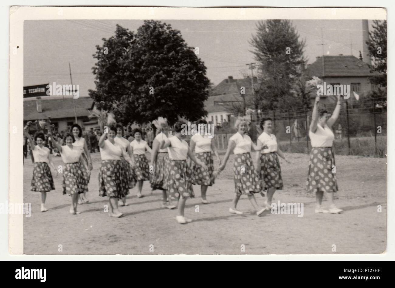 THE CZECHOSLOVAK SOCIALIST REPUBLIC - CIRCA 1960s: Vintage photo shows women prepare to Spartakiada.  Spartakiada - a prezentation of health and prosperity of the socialist and communist regime. Stock Photo