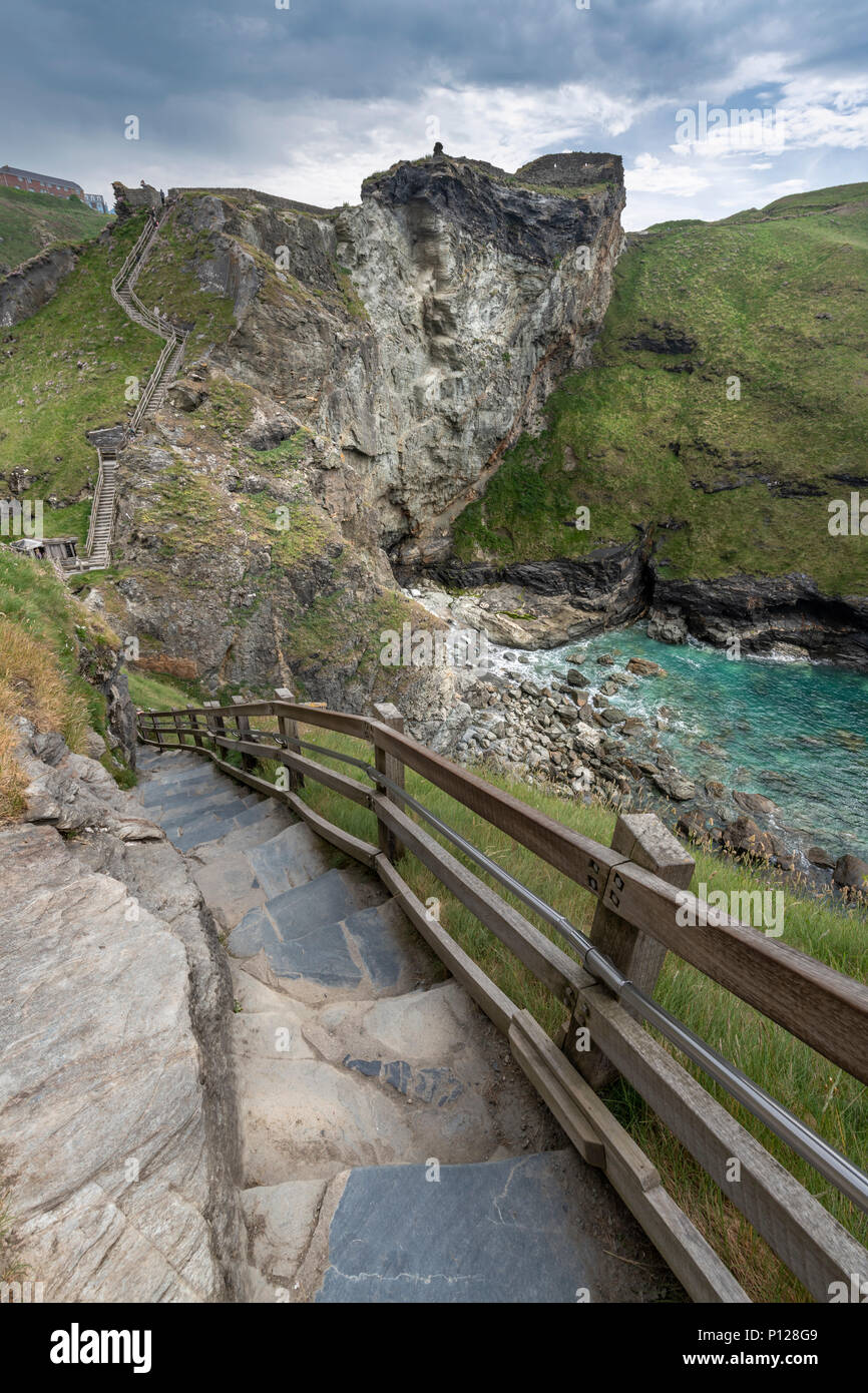 The steep steps up to the historic landmark of Tintagel Castle in North Cornwall. Stock Photo