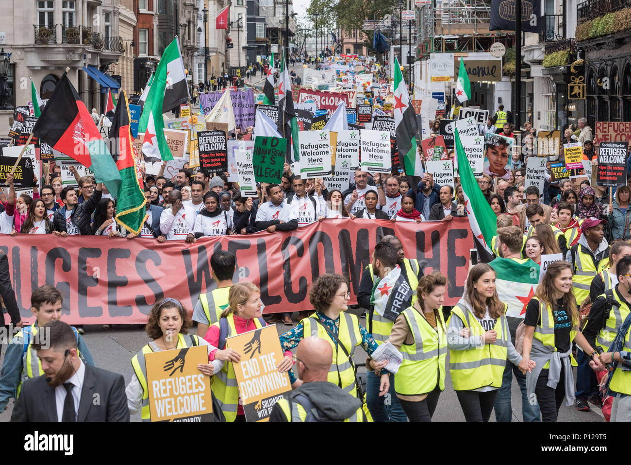 London, September 17th 2016. Several thousand protesters take to the streets of central London to support refugees coming to the UK. Beginning at Park Stock Photo