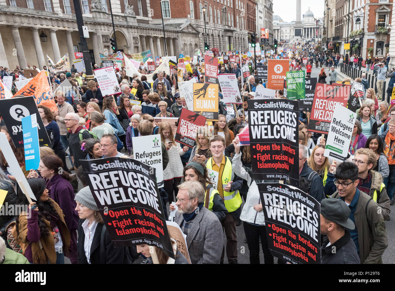 London, September 17th 2016. Several thousand protesters take to the streets of central London to support refugees coming to the UK. Beginning at Park Stock Photo