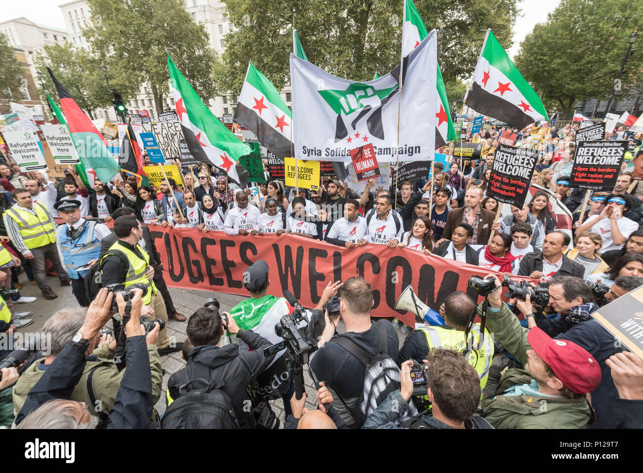 London, September 17th 2016. Several thousand protesters take to the streets of central London to support refugees coming to the UK. Beginning at Park Stock Photo