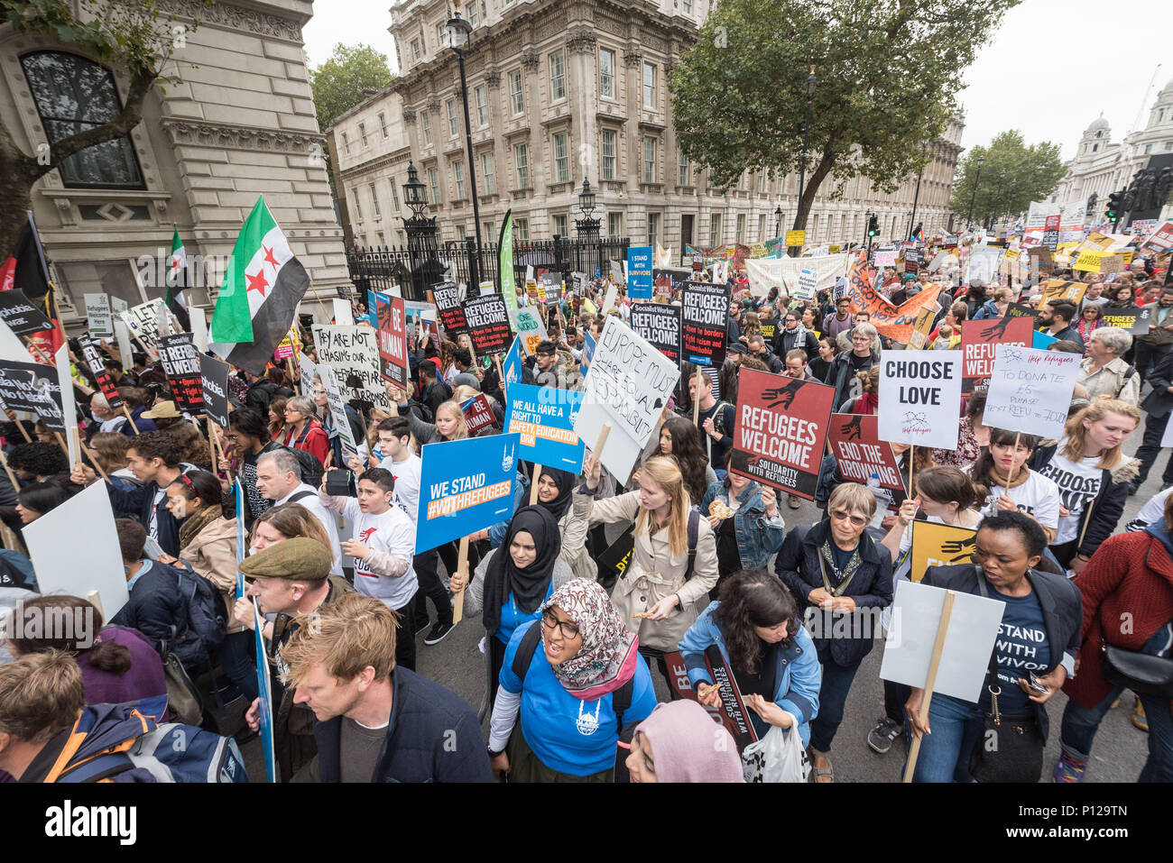 London, September 17th 2016. Several thousand protesters take to the streets of central London to support refugees coming to the UK. Beginning at Park Stock Photo