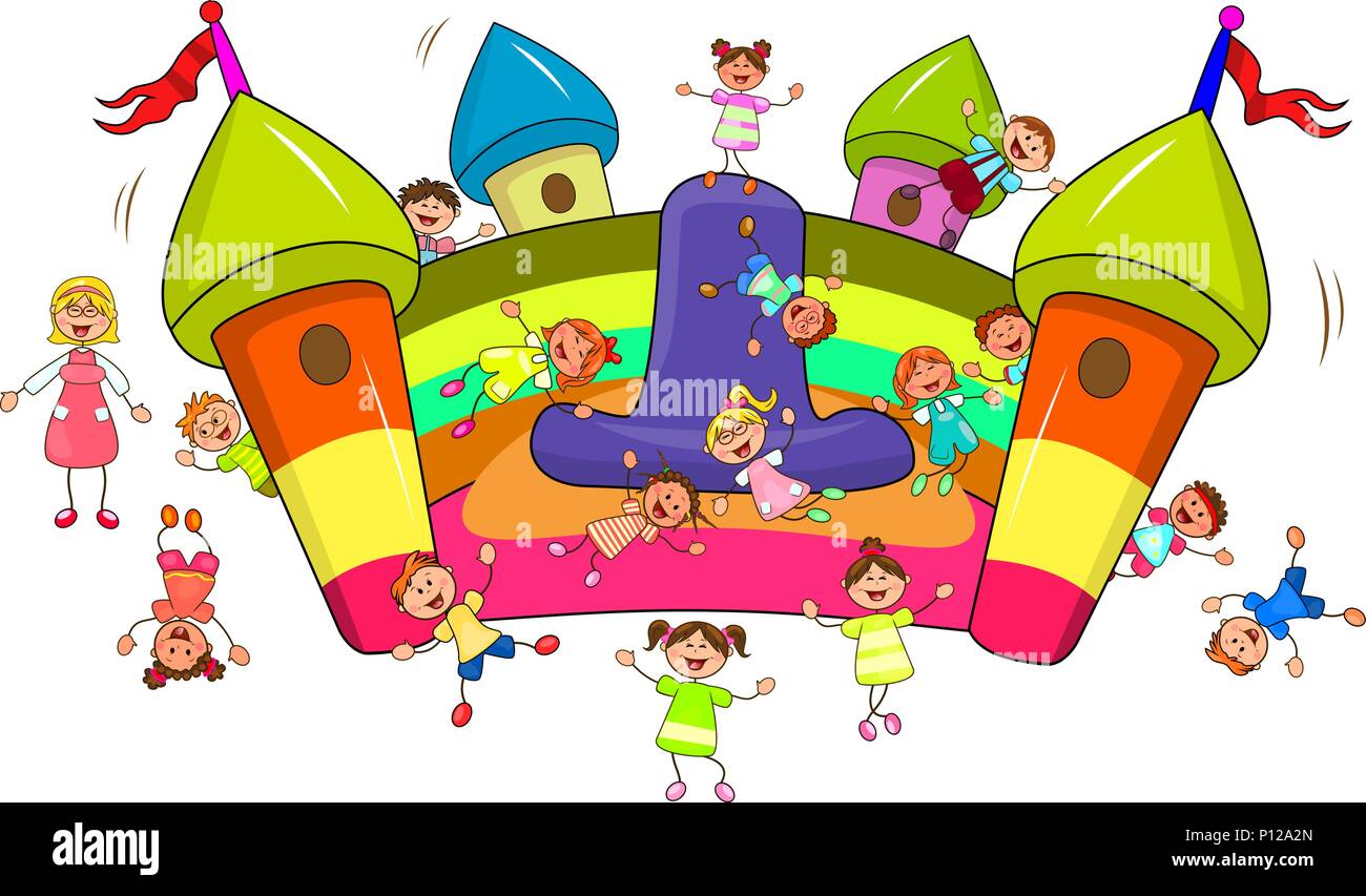 Happy children play and jump on the inflatable slide. Joyful little children and a teacher.  Cartoon joyful children. Group of happy, smiling children Stock Vector