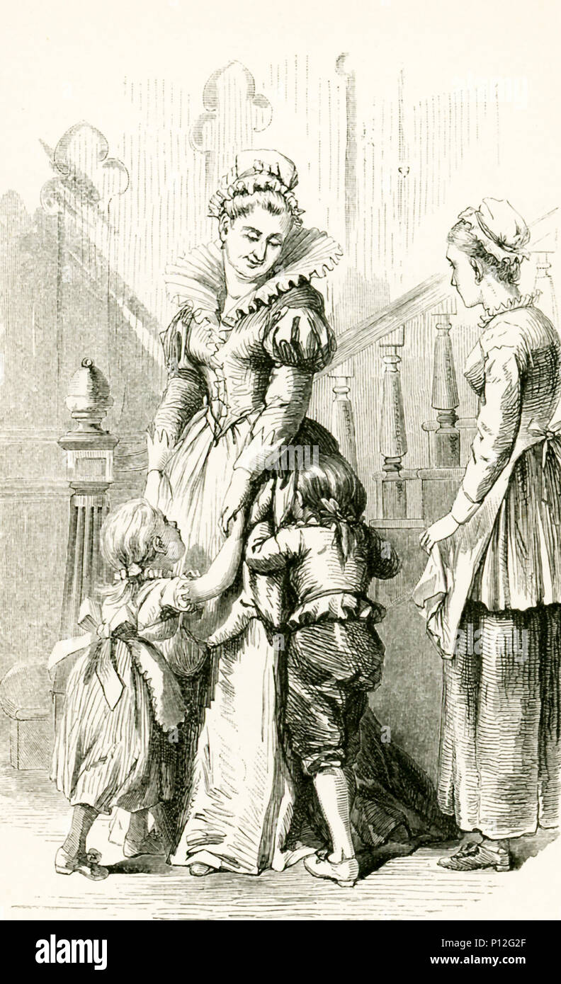 The site here is a house in London.  The English woman is a childless widow, and the children from France are motherless and they are Protestants and mother was a noble. The caption reads: The children find a friend. Stock Photo