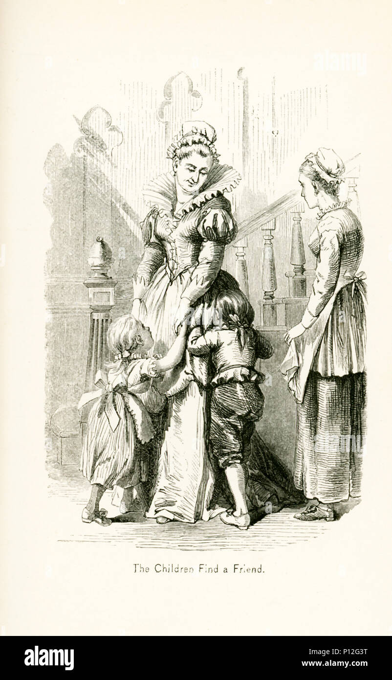 The site here is a house in London.  The English woman is a childless widow, and the children from France are motherless and they are Protestants and mother was a noble. The caption reads: The children find a friend. Stock Photo