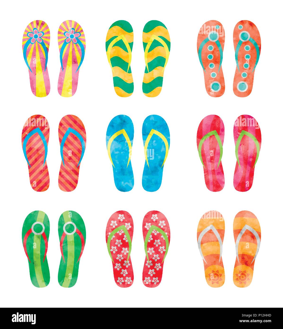 Colorful flip flops set Illustration in watercolor style Stock Vector