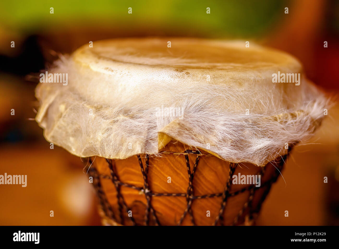 Original african djembe drum with leather lamina with beautiful hair