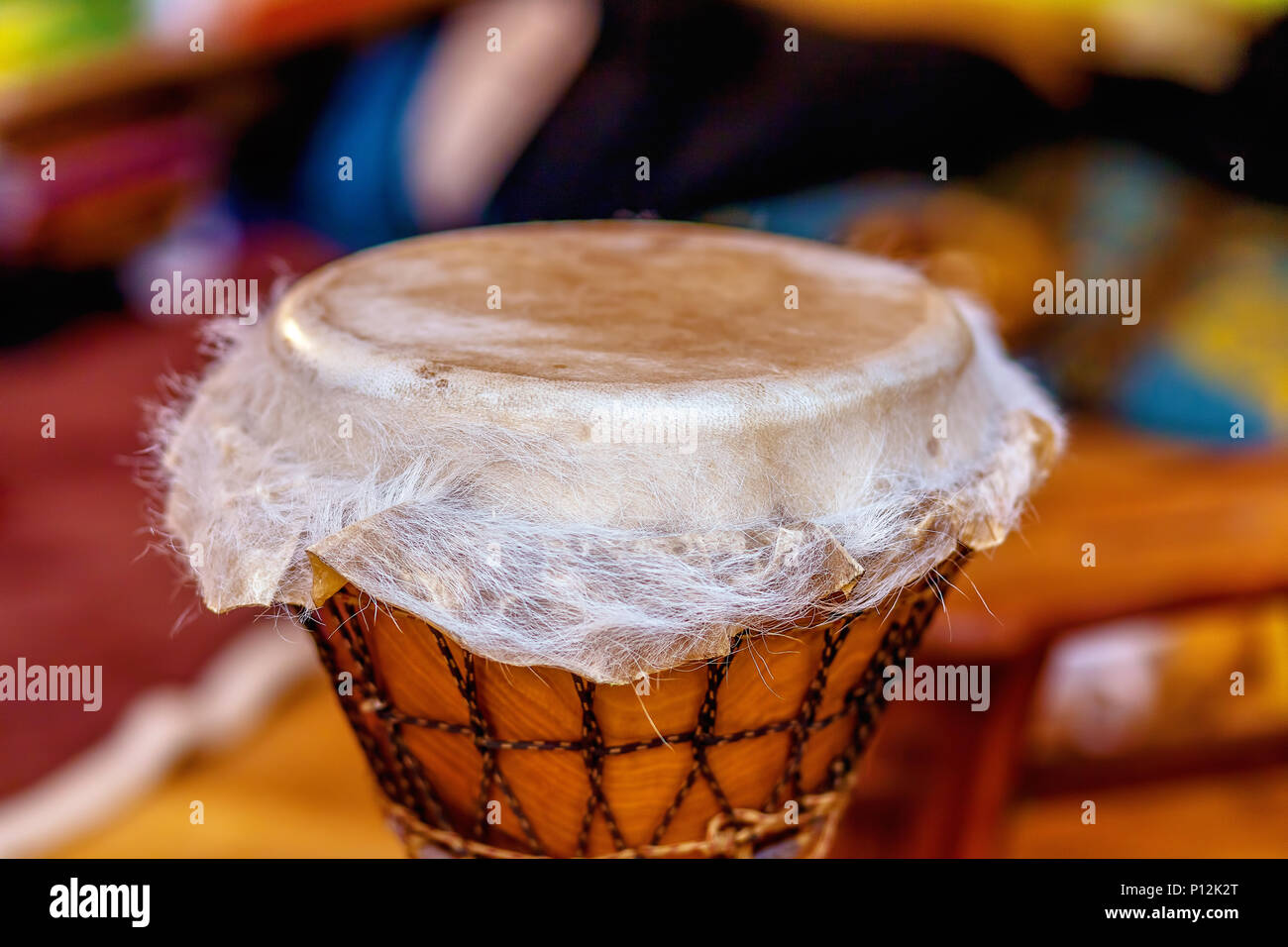 Original african djembe drum with leather lamina with beautiful hair
