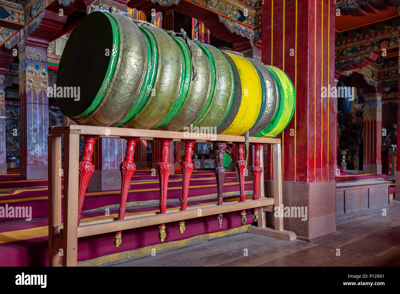 Buddhist drums in Galden Namgey Lhatse Monastery, Tawang, Arunachal Pradesh, India Stock Photo