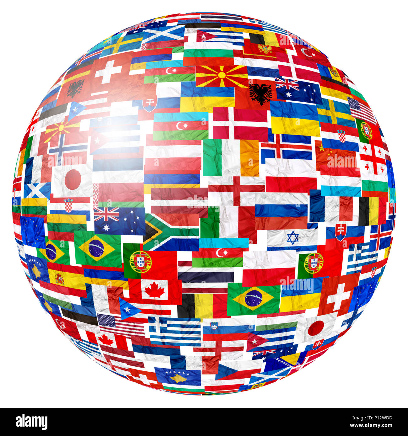 Flags of world countries and in sphere globe shape on white background: England Russia Italy Spain Scotland Germany US, China Greece France Brazil Jap Stock Photo