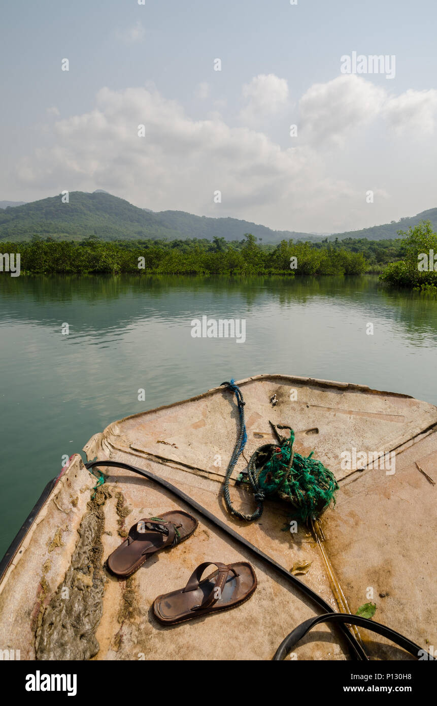 Simple plastic raft traversing mangrove forests in wetlands near Tokeh Beach, Sierra Leone, Africa Stock Photo