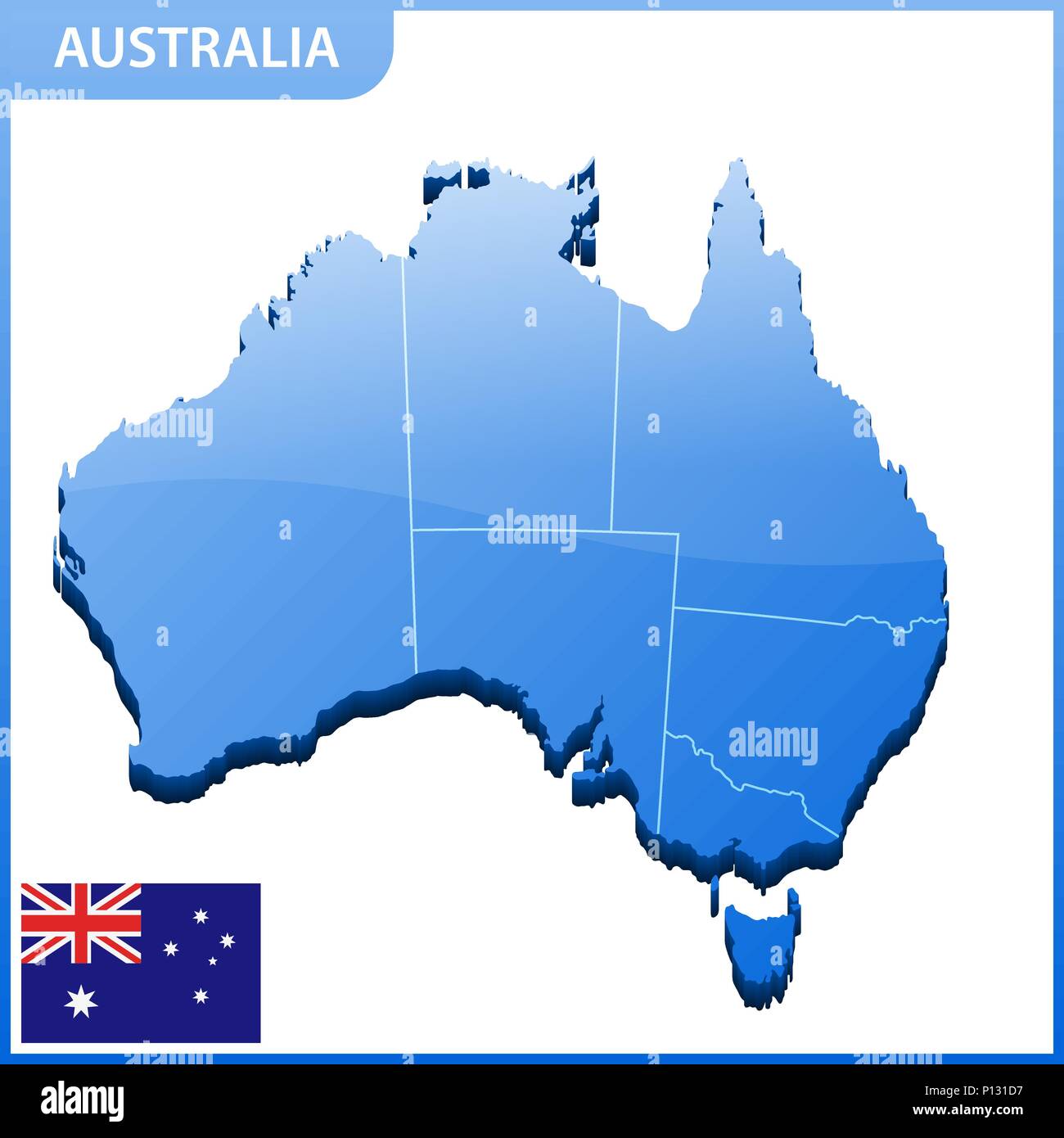 Highly detailed three dimensional map of Australia. Administrative division. Stock Vector
