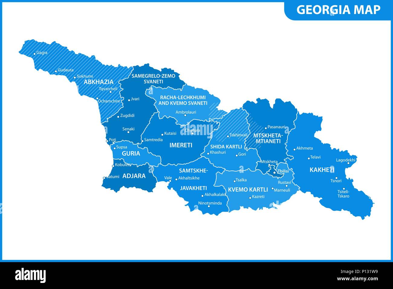 The detailed map of the Georgia with regions or states and cities, capital. Administrative division. South Ossetia and Abkhazia are marked as a disput Stock Vector