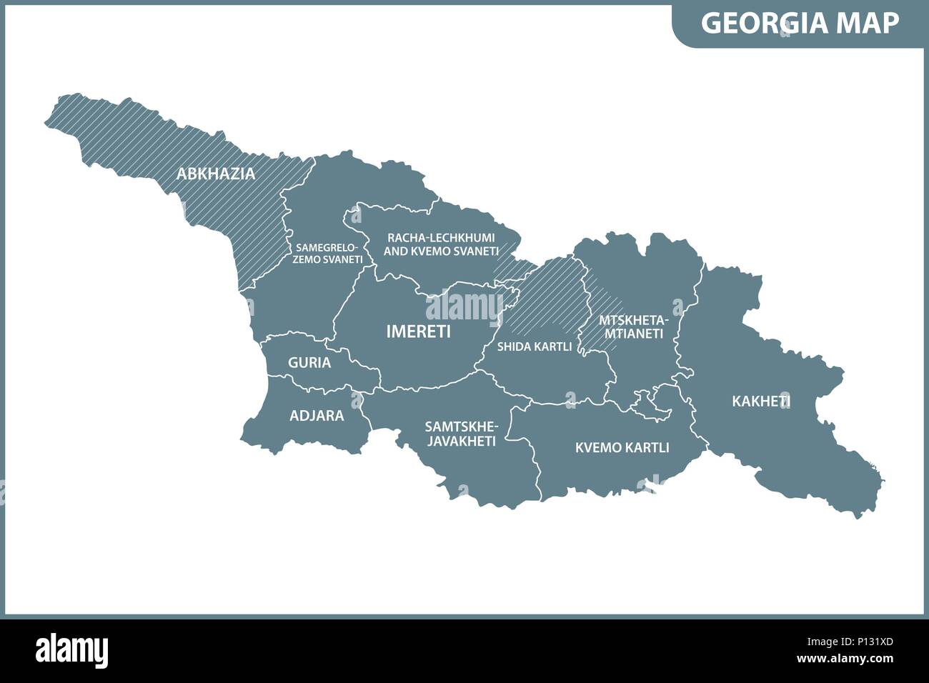 The detailed map of the Georgia with regions or states. Administrative division. South Ossetia and Abkhazia are marked as a disputed territory Stock Vector