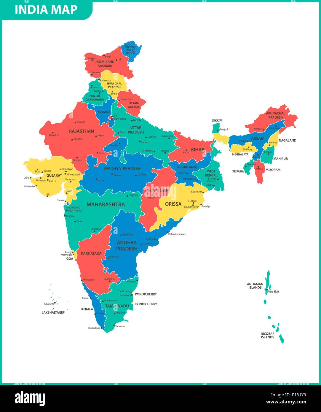 The detailed map of the India with regions or states and cities, capital. Administrative division. Stock Vector